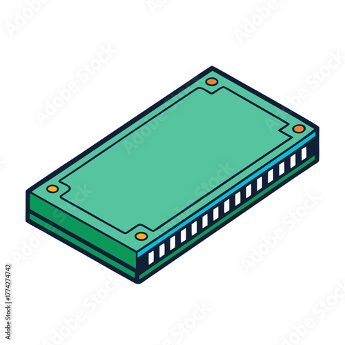 A simple isometric illustration of a green harmonica on a white background