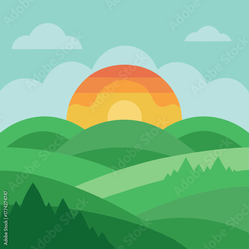 Vibrant sunrise over rolling green hills and soft clouds in a stylized landscape