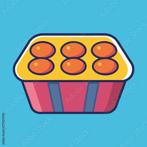 Cute cartoon illustration of a muffin tin filled with six delicious round muffins on a blue background