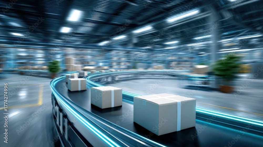 Fototapeta premium Fast moving conveyor belt with multiple cardboard box packages in large modern warehouse creating dynamic motion and efficiency