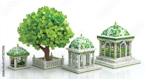 Miniature Garden Structures and Tree Showcasing Architectural Details and Greenery