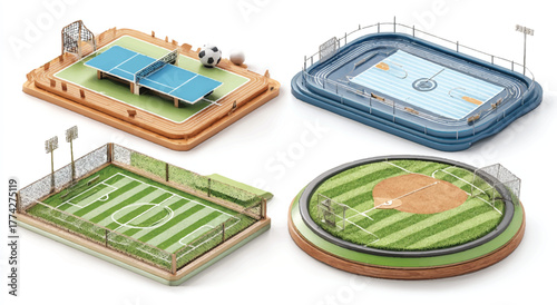 Miniature Sports Arenas Collection Including Soccer Baseball Basketball and Tennis Courts
