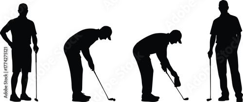 Golf player silhouettes, men practicing putting with golf clubs and ball, vector illustration for sport concept, professional golfing posture, outdoor activity design