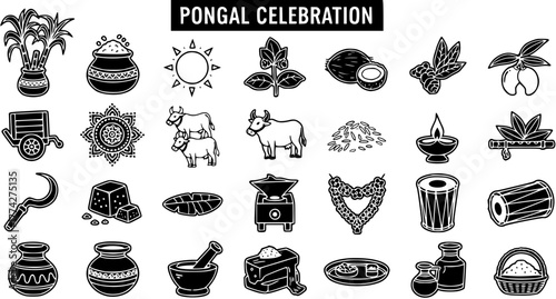 Detailed set of black and white outline icons representing various elements and traditions of the Pongal harvest festival celebration in Tamil Nadu, India.