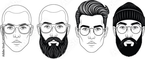 Male face illustrations, diverse hairstyles, beard styles, eyewear fashion, modern grooming, character design, trendy men, stylish look, vector avatar set