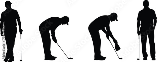 Golfer silhouettes playing golf, men with clubs putting and standing, golf player action poses vector illustration, outdoor sport concept, leisure activity design