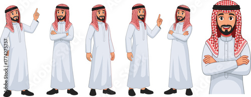 Middle Eastern man illustration, traditional attire, cartoon character poses, thobe and keffiyeh, gesture, walking, pointing, smiling, cultural concept