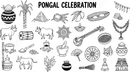 Hand-drawn Pongal Celebration Line Art Collection: Traditional Indian Harvest Festival Icons and Symbols Set for Cultural Designs