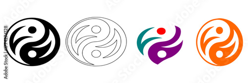 Yin Yang Icon Set, Modern Harmony and Balance Symbol Vector, Abstract Human Silhouette in Circle Design, Black, White, and Color Variations, Spiritual and Wellness Concept Illustration