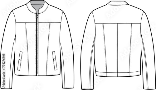 Men’s classic bomber leather jacket fashion flat sketch, front and back technical drawing, vector apparel template for clothing design and pattern illustration