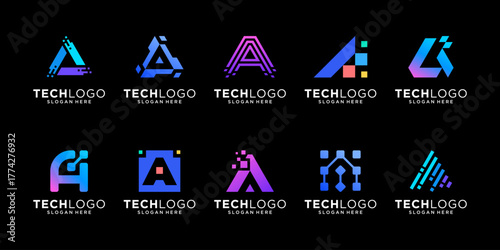 Set of letter A logo design inspiration. Abstract digital technology symbol logo branding.