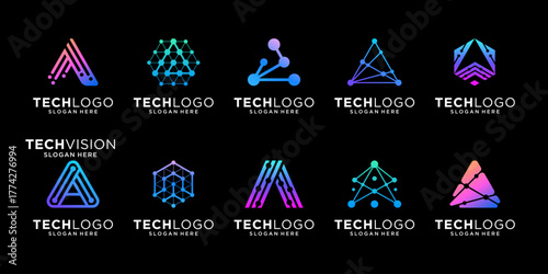 Set of initial letter A technology connection logo design inspiration.