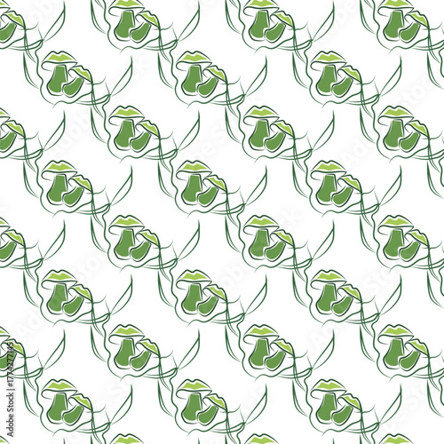Vector pattern of green mushrooms. Healthy eating only. Doodle style. Can be used as a pattern on dishes, towels, and bed linens.