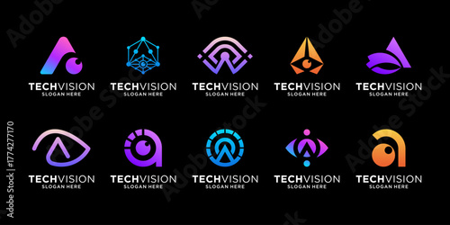 Set of vision eye tech logo design. Abstract initial letter A with camera shutter logo vector illustration.