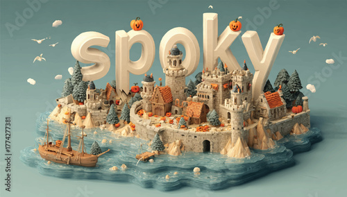 Spooky Halloween Village Illustration with Castle Boat and Pumpkins