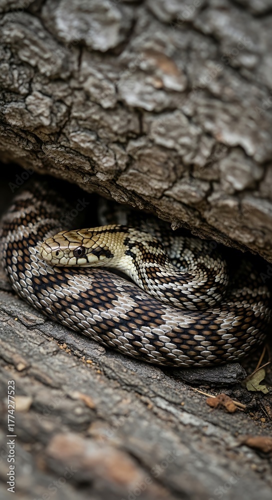 Obraz premium Wild patterned snake perfectly camouflaged in tree bark.
