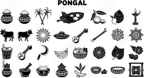 Pongal Festival Black and White Icon Set: Celebratory Elements of the South Indian Harvest Festival