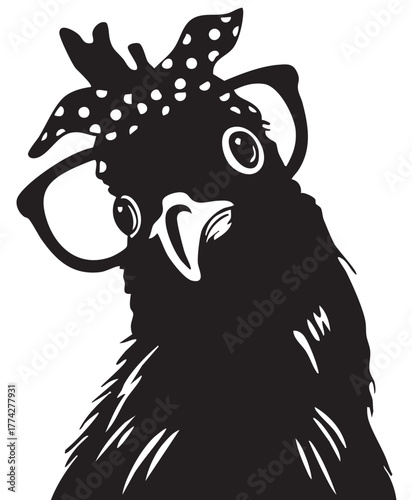 Stylized Chicken Vector — Black Silhouette Illustration with Glasses and Polka-Dot Headband for Whimsical Farm-Themed Design