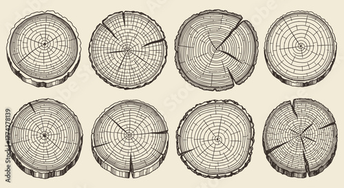Hand-Drawn Tree Trunk Cross-Section Vector Set - Annual Rings Line Art