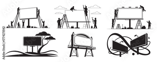 Billboard Installation Silhouette Vector Set, Outdoor Advertising and Signage Illustration.