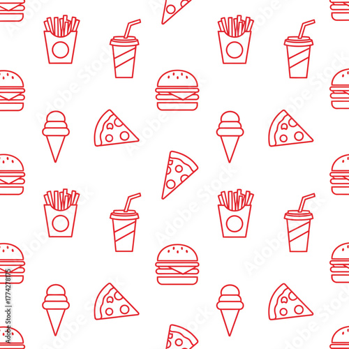 Seamless vector pattern featuring modern flat icons of fast food items burgers, pizza, fries, soda, and ice cream in red outline style on a clean white background. 