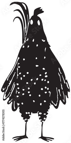 Stylized Chicken Vector — Black and White Upright Illustration with Speckled Body and Minimalist Farm-Inspired Design