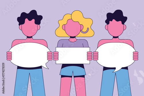 Cartoon People Holding Blank Signs, Vector Illustration on Light Purple Background Design for Message, Protest, and Opinion Expression Mockup for Social Media, Advertising