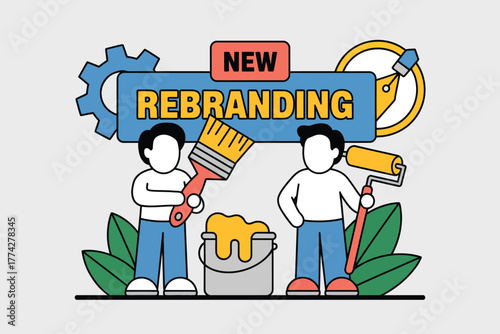 New Rebranding Vector Illustration Team of Designers with Paintbrush, Roller, and Inkwell working to renew Brand Identity, Graphic Design, and Brand Strategy on neutral background