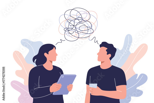 Mental Health Therapy Illustration Cartoon of Therapist Consulting Patient, Showing Confused Thoughts, Mental Health Issues, and Counseling Session in Modern Setting
