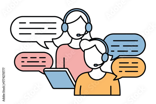 Customer Service Team Illustration Two Agents with Headsets, Speech Bubbles, Tablet, providing Online Support, Communication, Assistance, in a Flat Vector Design