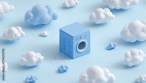 Washing machine in the clouds 3d render in pastel colors