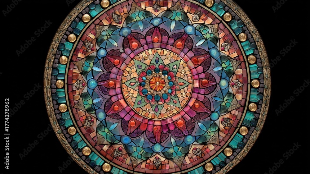 Fototapeta premium A colorful, intricate stained glass window with a floral and geometric design, 