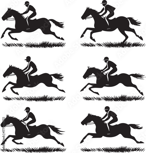 Silhouette horse riders galloping fast across grassy racecourse in motion