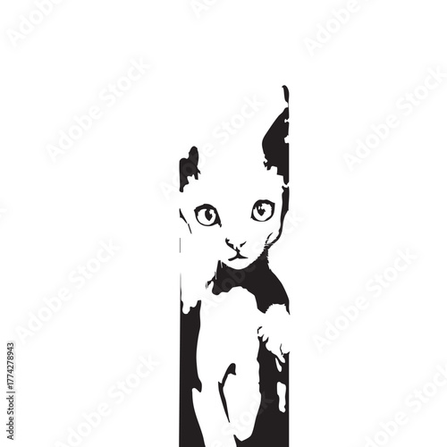 Stylized Cat Silhouette Vector — Black and White Vertical Illustration with Intense Eyes and Minimalist Artistic Framing