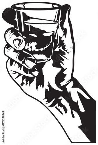 Hand Holding Shot Glass Vector — Black and White Stylized Illustration with Bold Lines and Dramatic Shading for Bar Themes