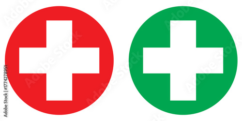 First aid icon vector. Medicine, health icons. Cross emergency medicine sign. Safety first sign. Medical healthcare sign. Hospital symbol. First aid and medical cross for mobile app, UI and website.