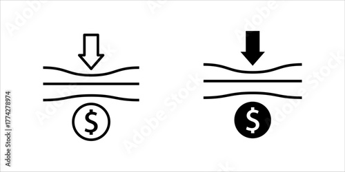 Minimal line art icon set. showing a downward arrow and dollar sign representing cost reduction, savings, and operational efficiency in business or industry.

