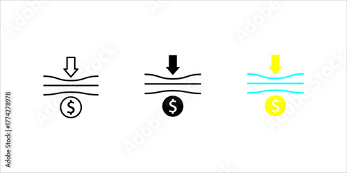 Minimal line art icon set. showing a downward arrow and dollar sign representing cost reduction, savings, and operational efficiency in business or industry.

