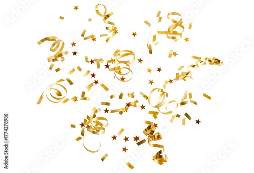 Gold confetti stars and streamers isolated png cutout object on transparent background. Holiday, New Year Christmas design elements