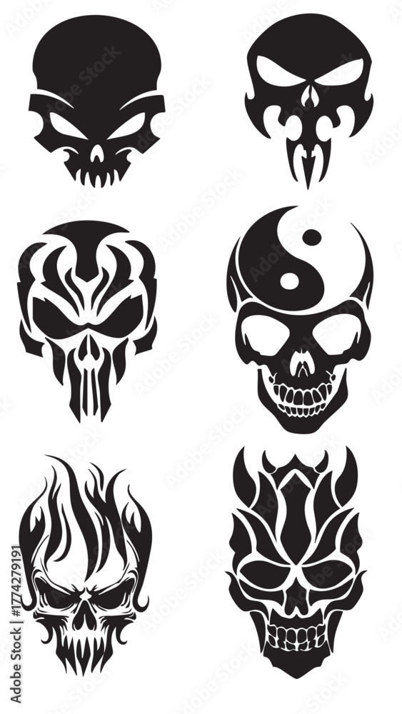 Fototapeta premium Tribal Skull Vector Set — Black and White Stylized Designs Featuring Flames, Yin-Yang, and Symmetrical Patterns