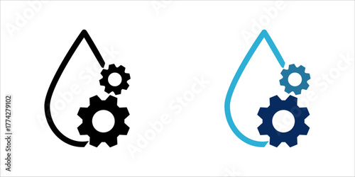  line art icon set of a water droplet with gears representing water efficiency, industrial process, and smart resource management technology.