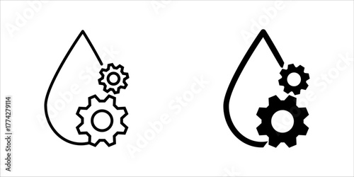  line art icon set of a water droplet with gears representing water efficiency, industrial process, and smart resource management technology.