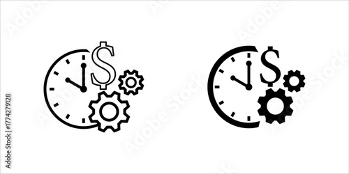  Time Is Money Icon  Element For Design Black and white vector icon showing a hand holding a clock, dollar sign, and gears symbolizing time management, business efficiency, and financial productivity.
