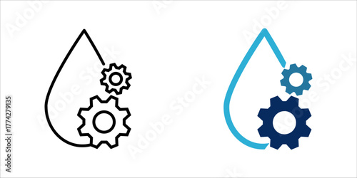  line art icon set of a water droplet with gears representing water efficiency, industrial process, and smart resource management technology.