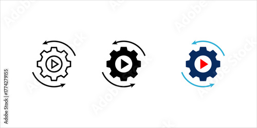  Minimal solid icon set. of a gear with play symbol and circular arrows, representing automation, workflow process, system optimization, and efficient production management.