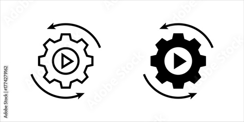  Minimal solid icon set. of a gear with play symbol and circular arrows, representing automation, workflow process, system optimization, and efficient production management.