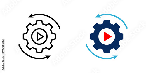  Minimal solid icon set. of a gear with play symbol and circular arrows, representing automation, workflow process, system optimization, and efficient production management.