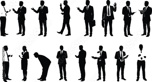 Silhouette illustration of business people in formal suits talking, standing, discussing, presenting, reading documents, communication and teamwork concept vector design collection.