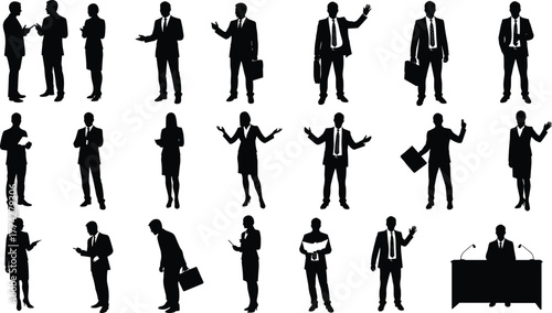 Silhouette illustration of business people in various poses talking, presenting, reading, and communicating, professional teamwork vector collection for office, corporate design.