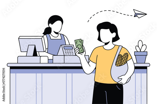 Customer Paying Cash at Checkout Illustration, Featuring Retail Scene, Checkout Counter, Cashier, Customer, Paper Airplane, Shopping, Business and Finance Concept